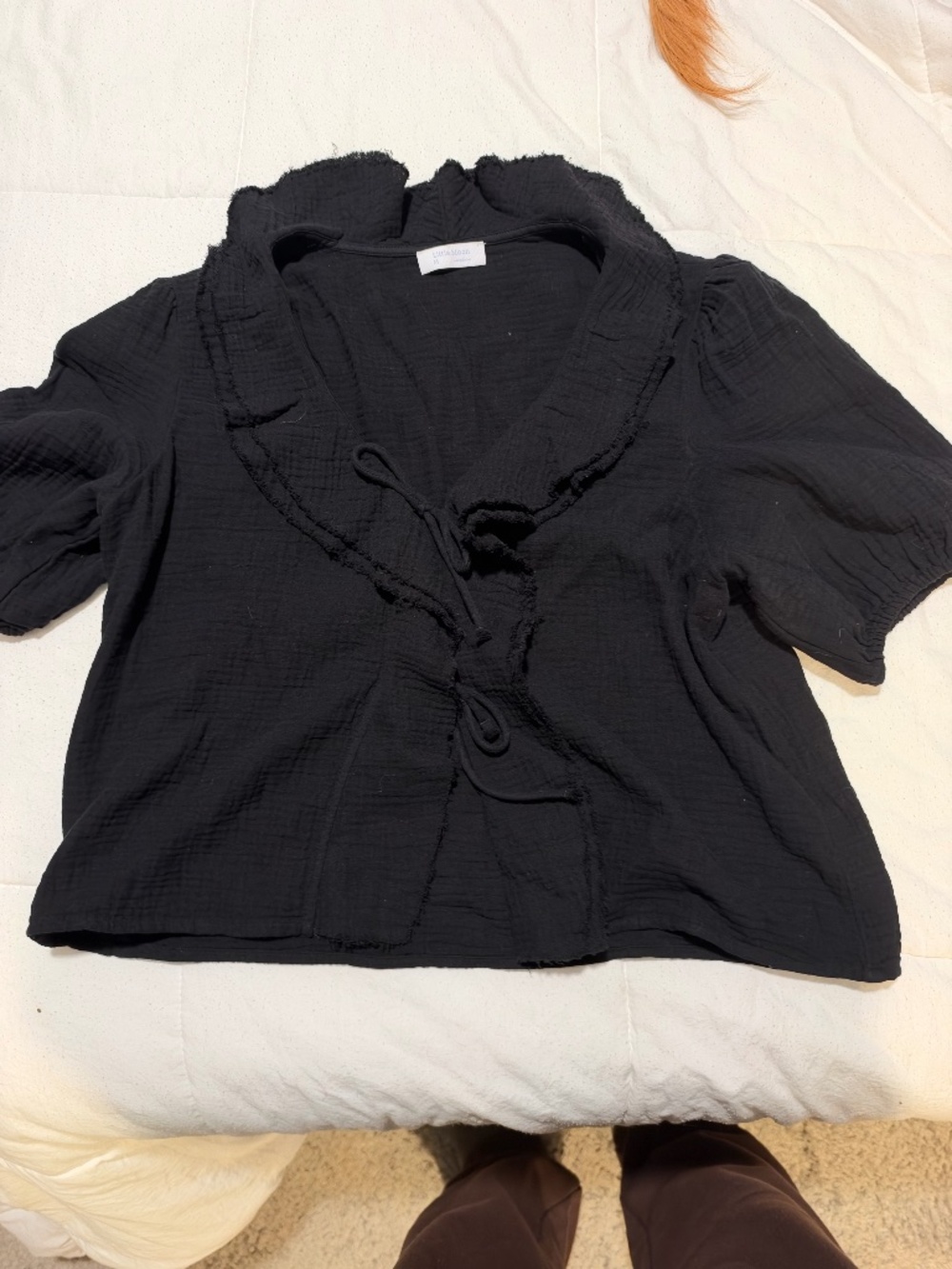 Black Ruffle-trim Tie-Front Blouse